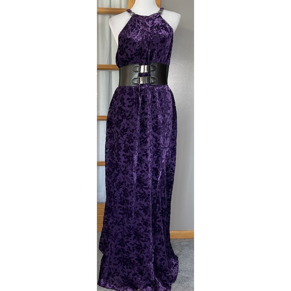 LRL Black Label Floral Velvet Evening Gown 12 Purple Halter Neck Formal Pageant